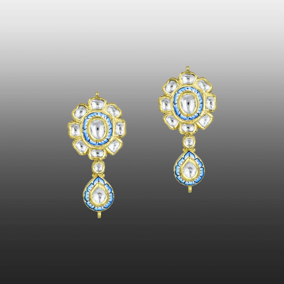 Turquoise Enamel Polki Floral Earrings